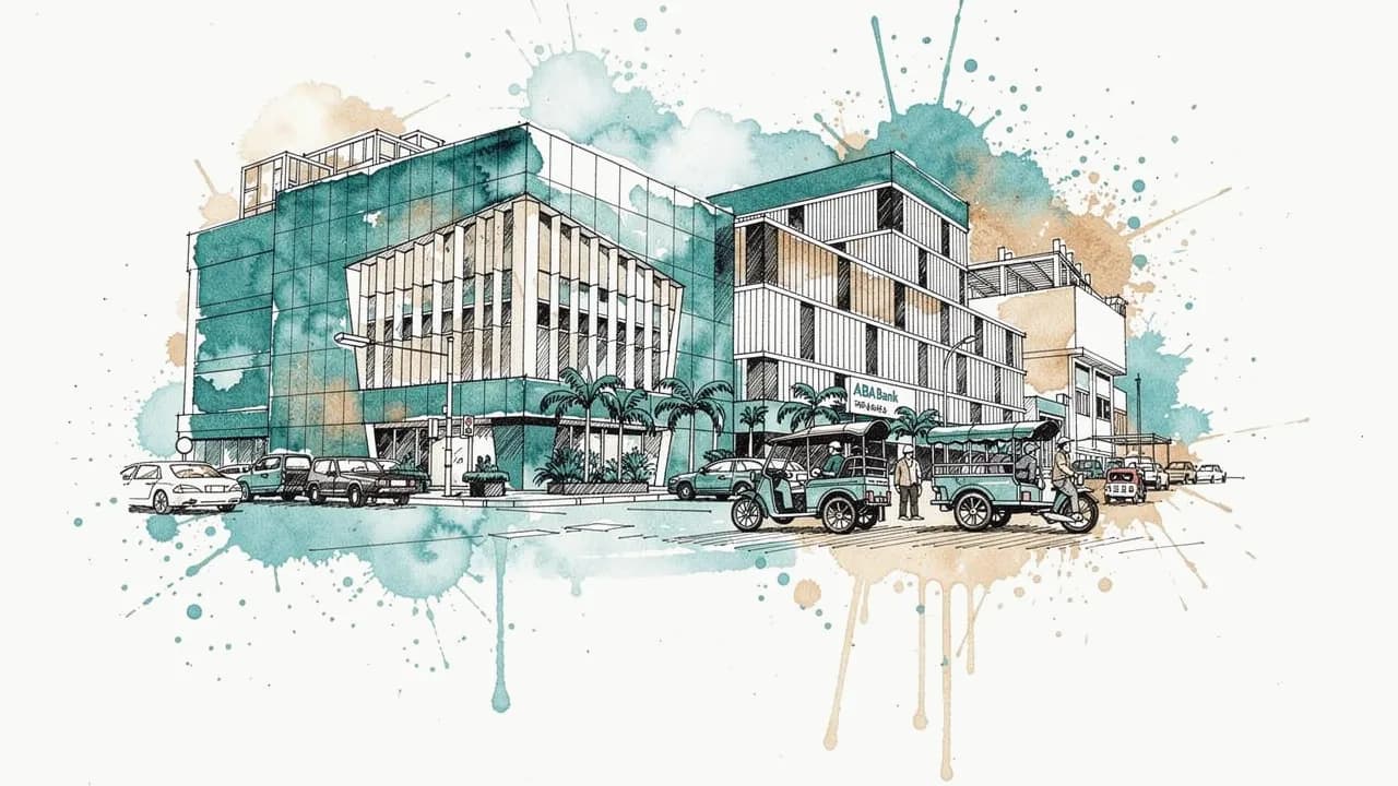 Bank building with a friendly robot waving in urban sketch style