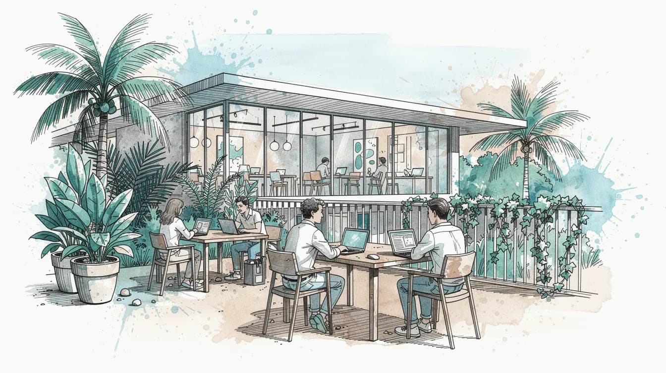 Tropical coworking space with people on laptops and palm trees in urban sketch style