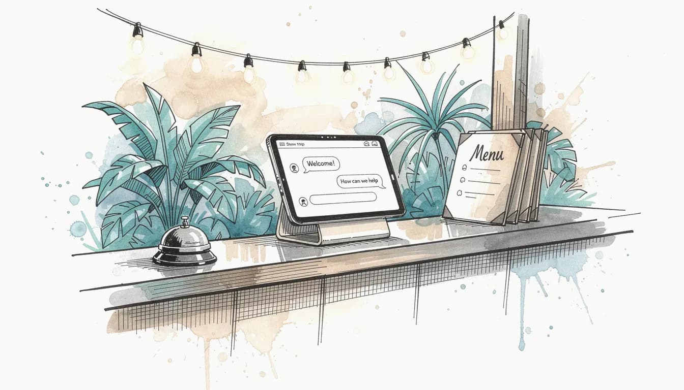 Restaurant front desk with AI chat tablet and warm lighting