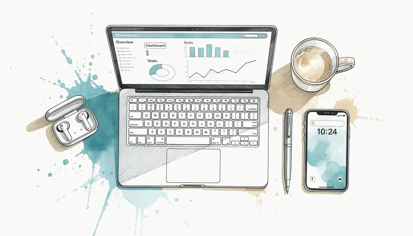 Overhead view of organized workspace with laptop and dashboard