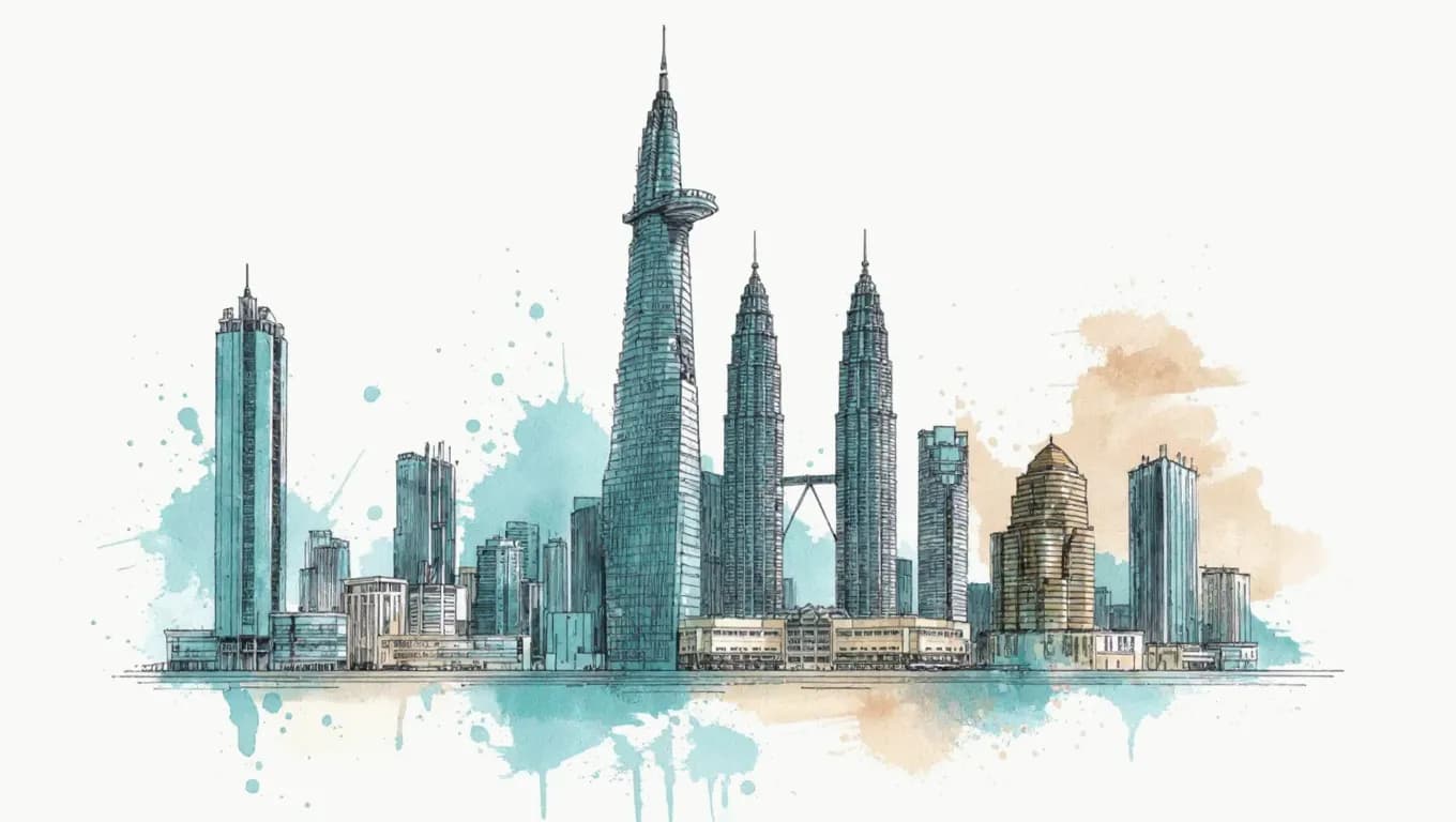 Asian city skyline with modern skyscrapers in urban sketch style