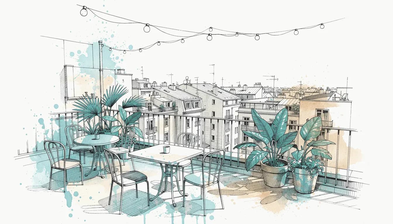 Phnom Penh rooftop terrace with city skyline