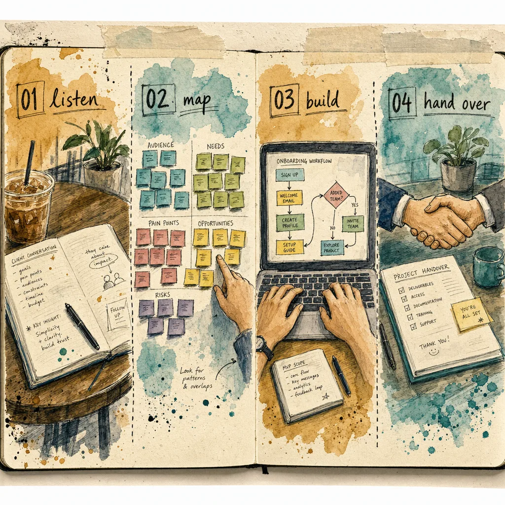 Sketchbook spread of the four-step process