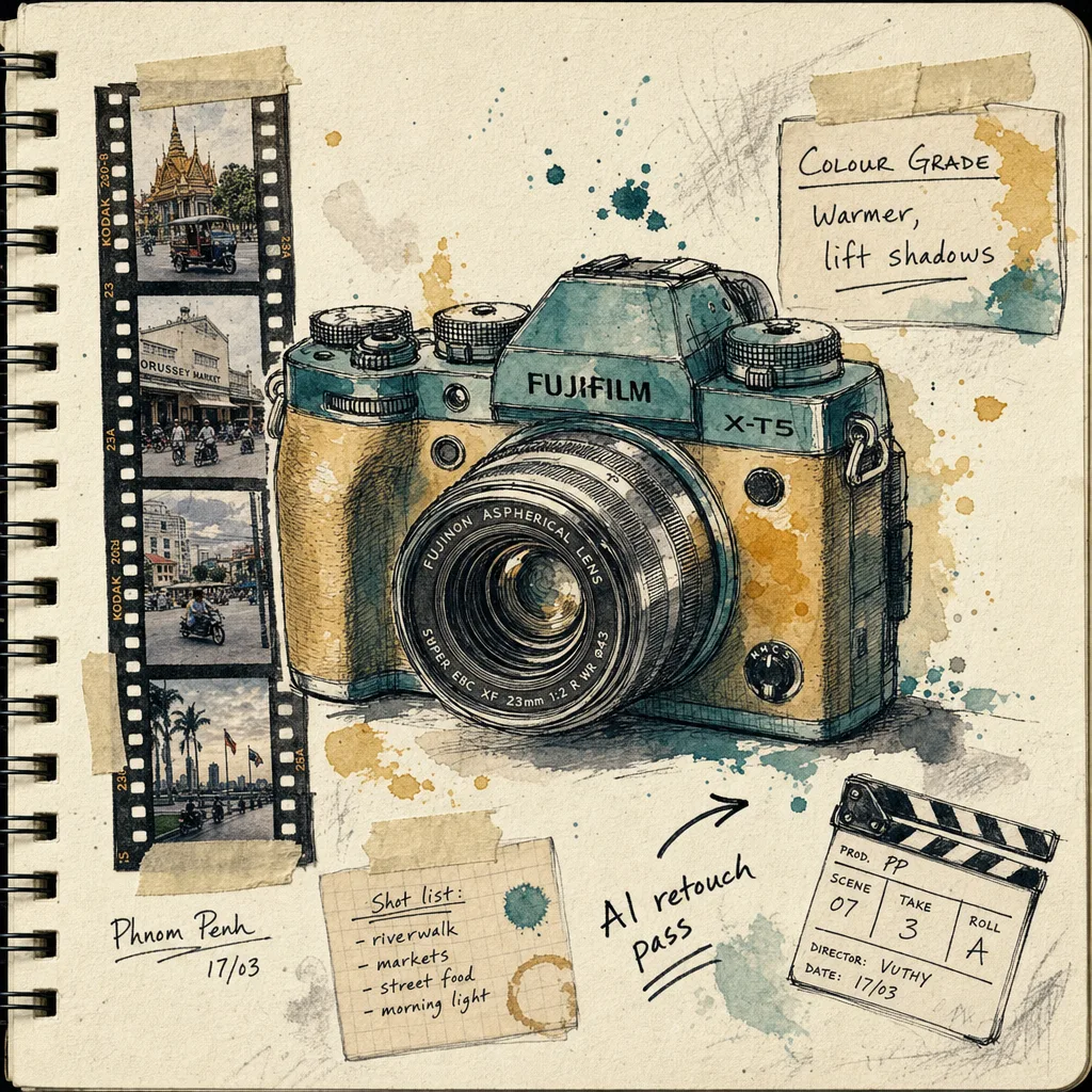 Sketch tile — camera and film strip with colour-grade notes